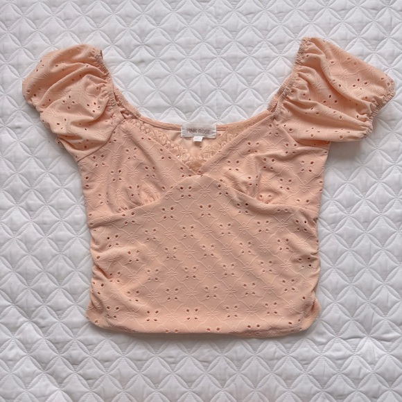 Pink Rose Tops - Pink Rose Peach Eyelet Puff Sleeve V-Neck Lace Trim Crop Top Size M